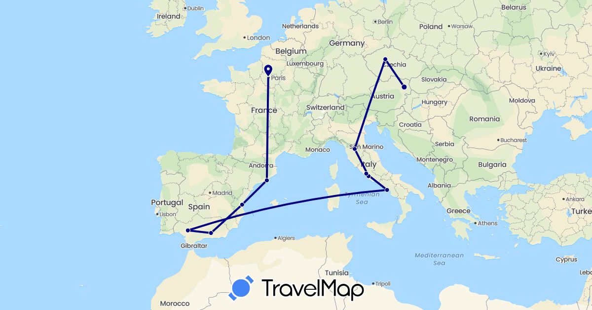 TravelMap itinerary: driving in Austria, Czech Republic, Spain, France, Italy, Vatican City (Europe)